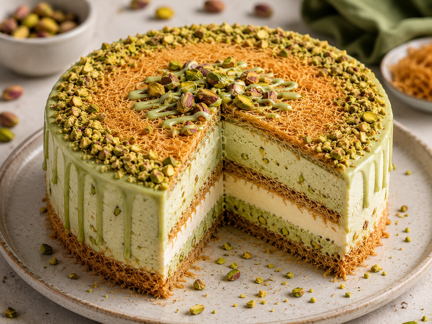 Pistachio Kunafa Ice Cream Cake